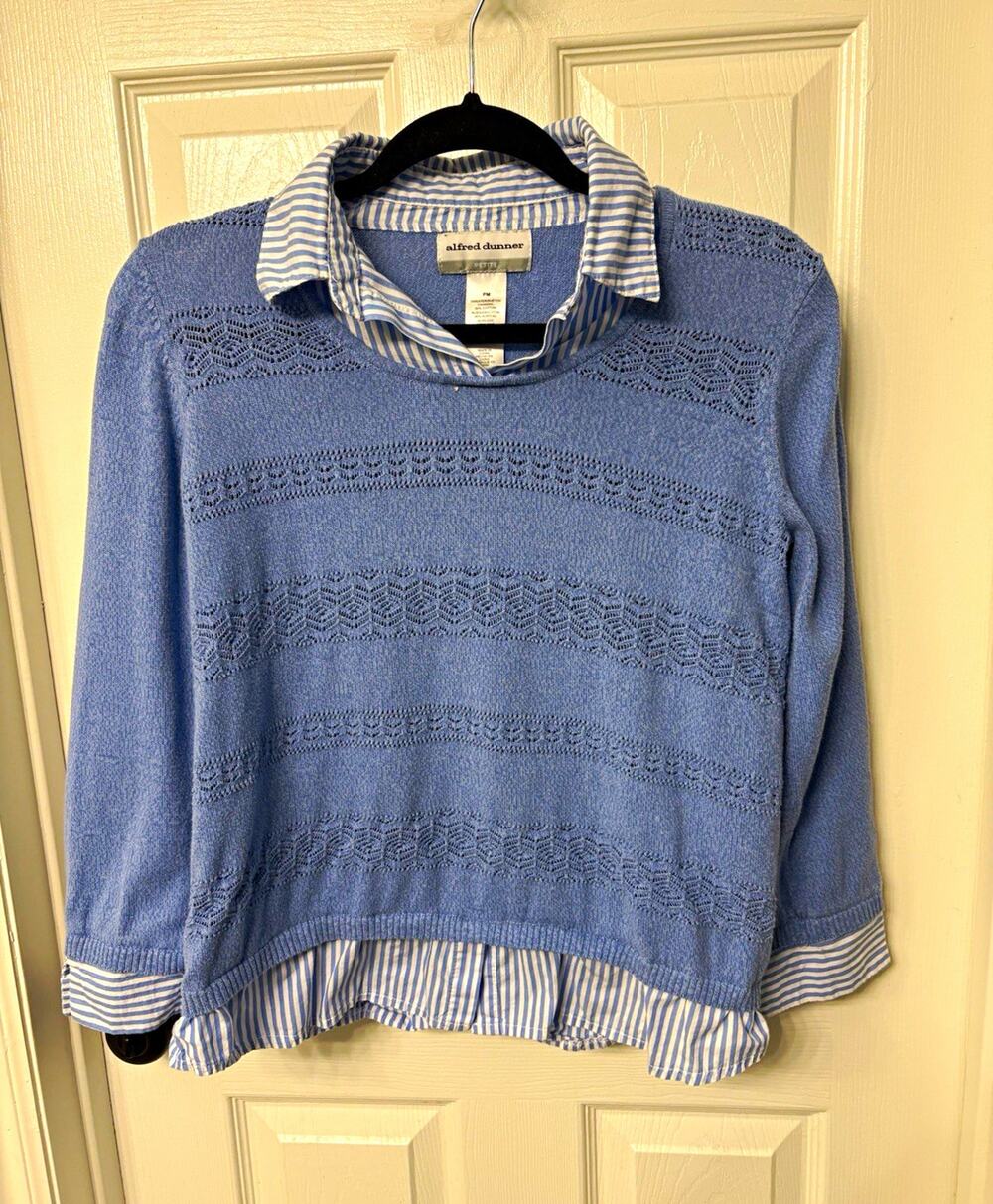 Alfred Dunner Petites PM Blue/White Open-Knit Striped Collared Pullover 3/4